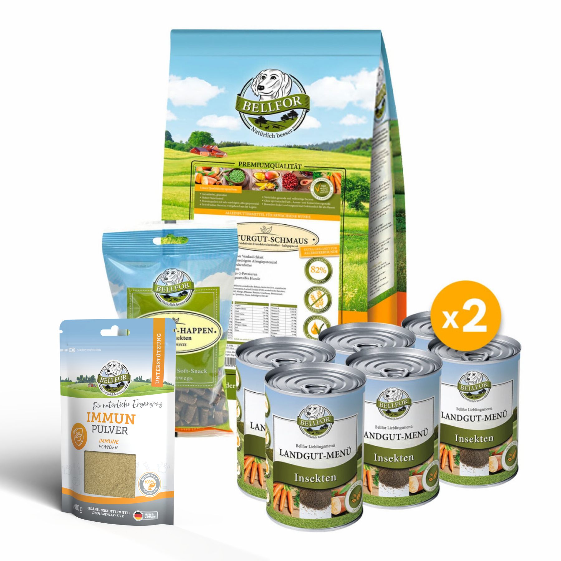 Purinarmes Set fr Hunde - Naturgut-Schmaus + Landgut-Men + Immun Pulver +  Landgut-Happen