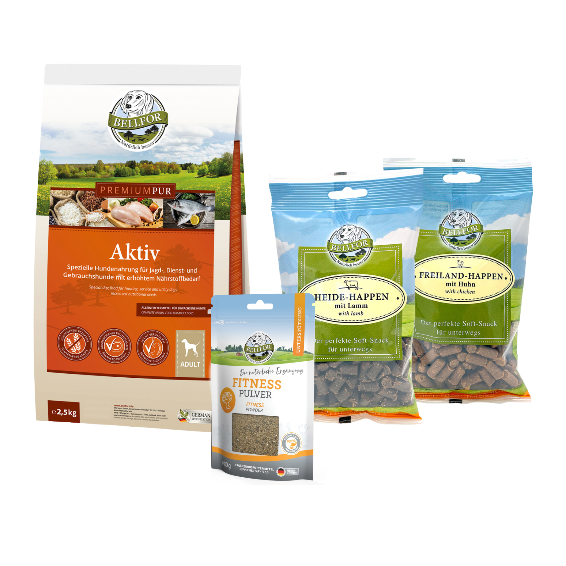 Futterset fr krperlich aktive Hunde - Premium PUR Aktiv + Fitness Pulver  + Soft-Snacks