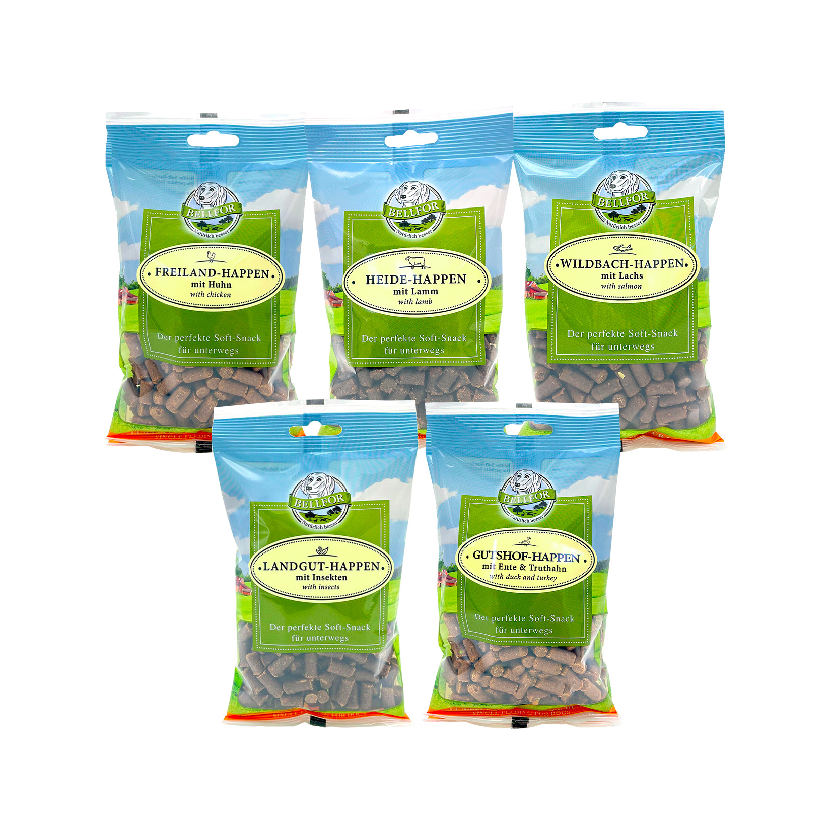 Mix 5 Soft-snacks - Freiland-Happen 200 g + Heide-Happen 200 g + Wildbach-Happen 200 g + Landgut-Happen 200 g + Gutshof-Happen 200 g