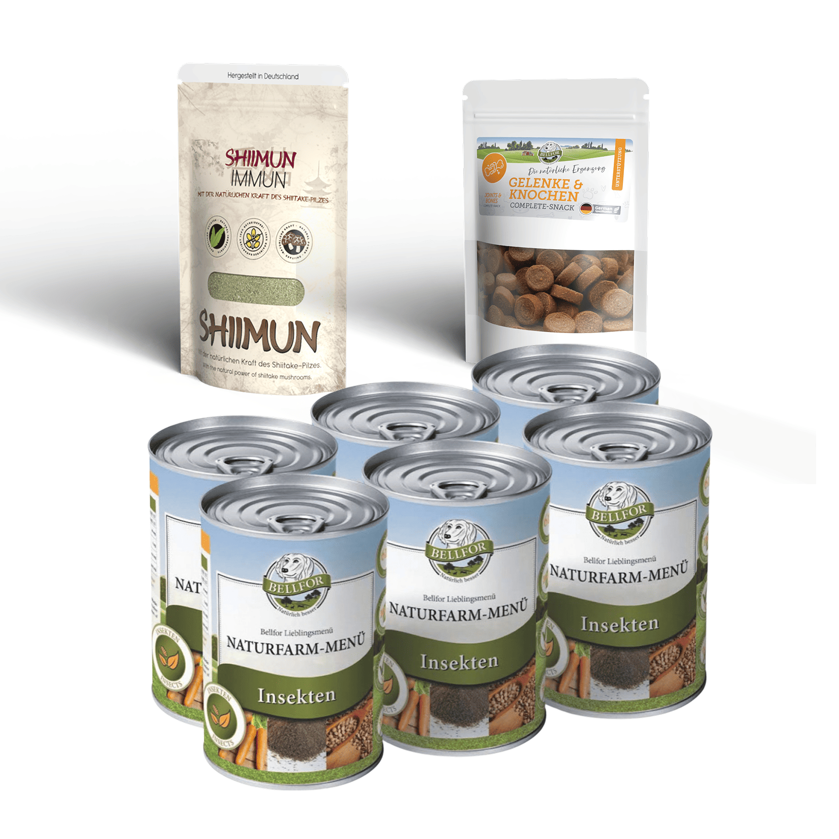 Bellfor Senior-Hundefutter-Set: Nassfutter fr ltere Hunde Naturfarm-Men  + Shiimun Immun Pulver + Gelenke & Knochen Complete-Snack