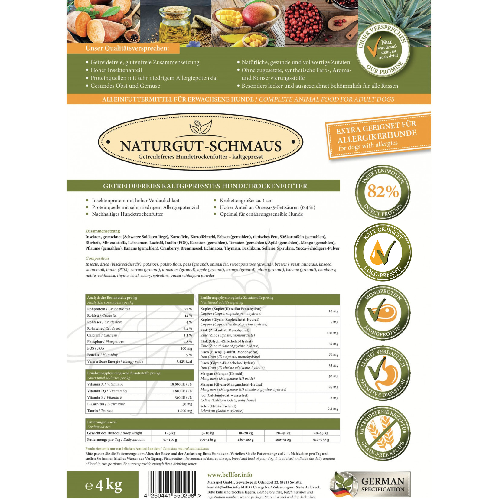 Bellfor Freiland-Menü nat hondenvoer met vers kippenvlees, graanvrij, sojavrij, suiker, synthetische kleurstoffen, conserveringsmiddelen en aroma's, 6 x 400 g